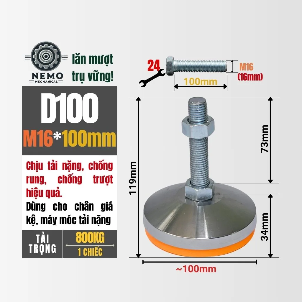 Chân Tăng Chỉnh Chịu Tải Siêu Nặng (Bát Thép Mạ Crom, M16/M20) chan tang chinh chiu tai sieu nang d100m16l100 - Cơ Khí Nemo