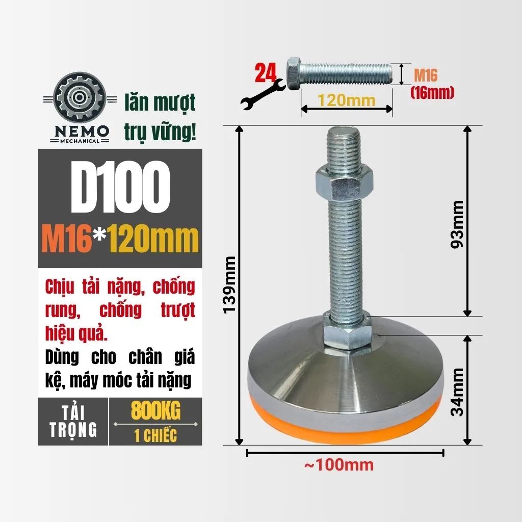 Chân Tăng Chỉnh Chịu Tải Siêu Nặng (Bát Thép Mạ Crom, M16/M20) chan tang chinh chiu tai sieu nang d100m16l120 - Cơ Khí Nemo
