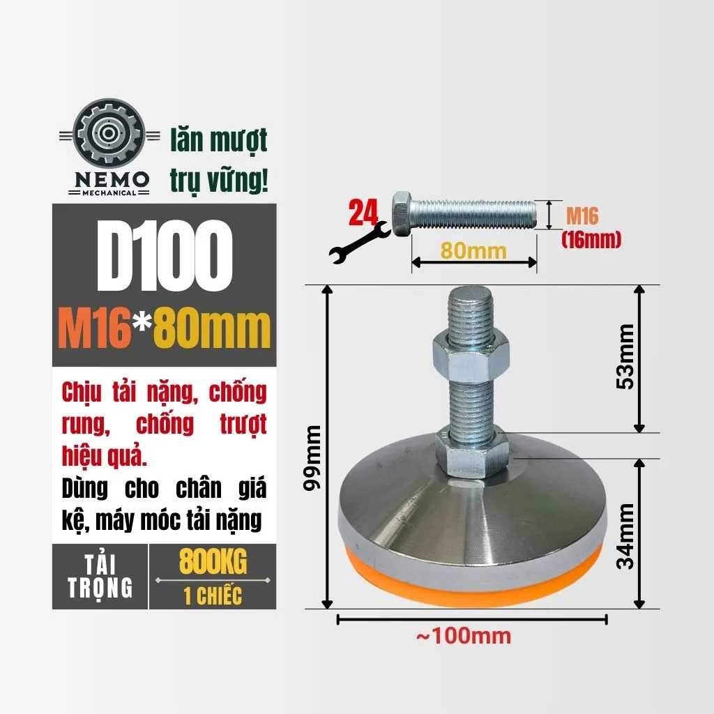 Chân Tăng Chỉnh Chịu Tải Siêu Nặng (Bát Thép Mạ Crom, M16/M20) chan tang chinh chiu tai sieu nang d100m16l80 - Cơ Khí Nemo