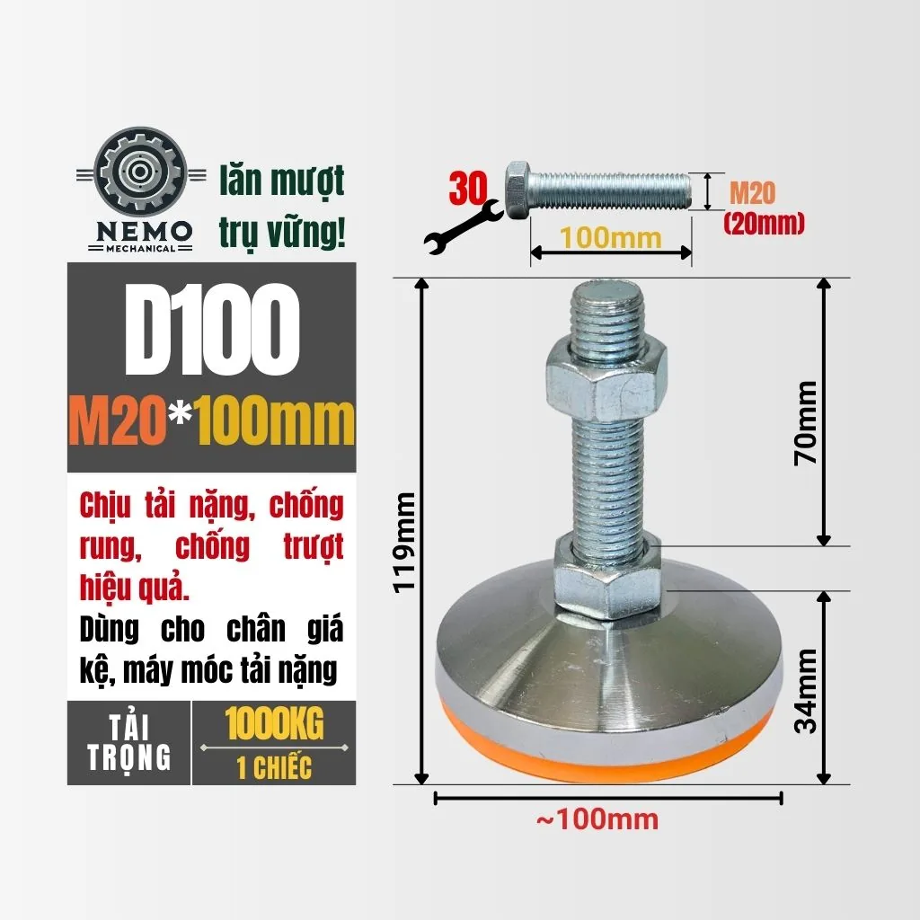 Chân Tăng Chỉnh Chịu Tải Siêu Nặng (Bát Thép Mạ Crom, M16/M20) chan tang chinh chiu tai sieu nang d100m20l100 - Cơ Khí Nemo