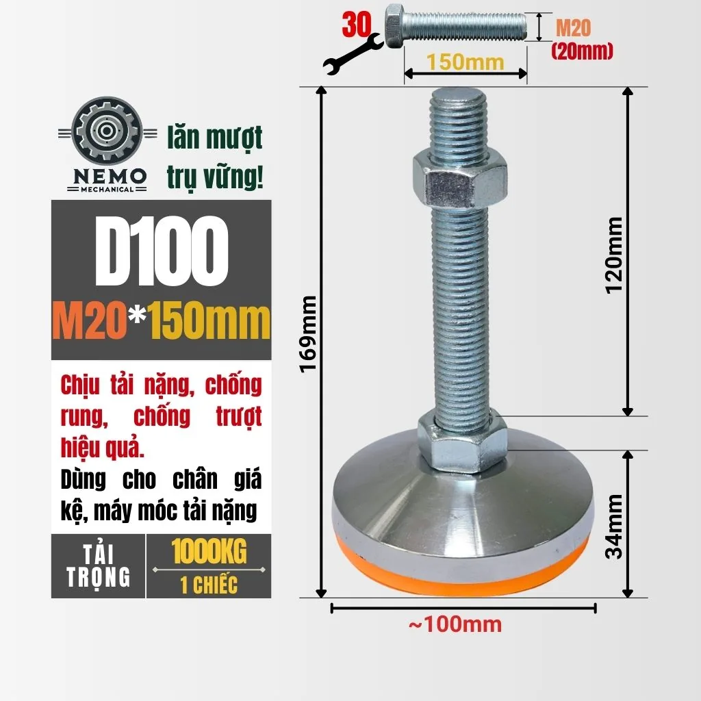 Chân Tăng Chỉnh Chịu Tải Siêu Nặng (Bát Thép Mạ Crom, M16/M20) chan tang chinh chiu tai sieu nang d100m20l150 - Cơ Khí Nemo