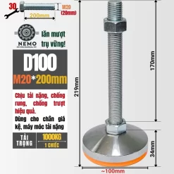 Chân Tăng Chỉnh Chịu Tải Siêu Nặng (Bát Thép Mạ Crom, M16/M20) chan tang chinh chiu tai sieu nang d100m20l200 - Cơ Khí Nemo