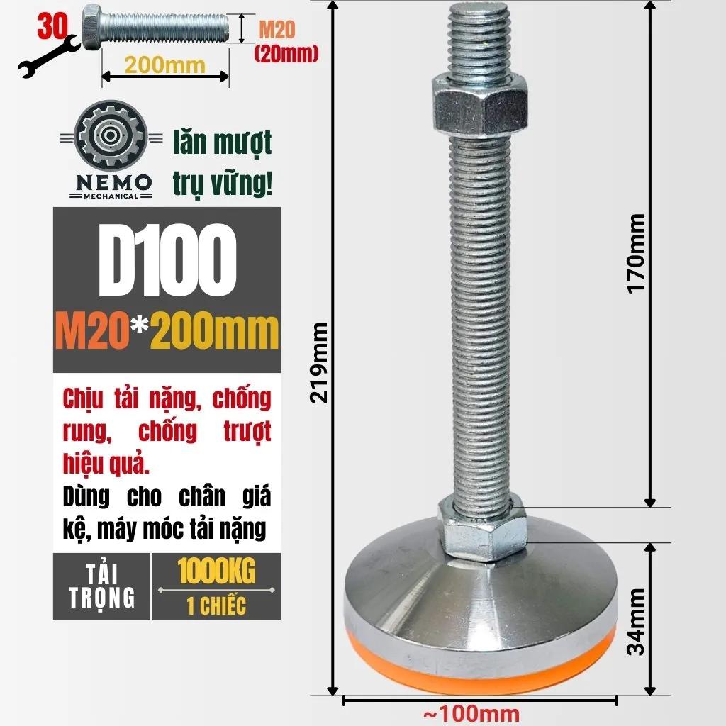 Chân Tăng Chỉnh Chịu Tải Siêu Nặng (Bát Thép Mạ Crom, M16/M20) chan tang chinh chiu tai sieu nang d100m20l200 - Cơ Khí Nemo