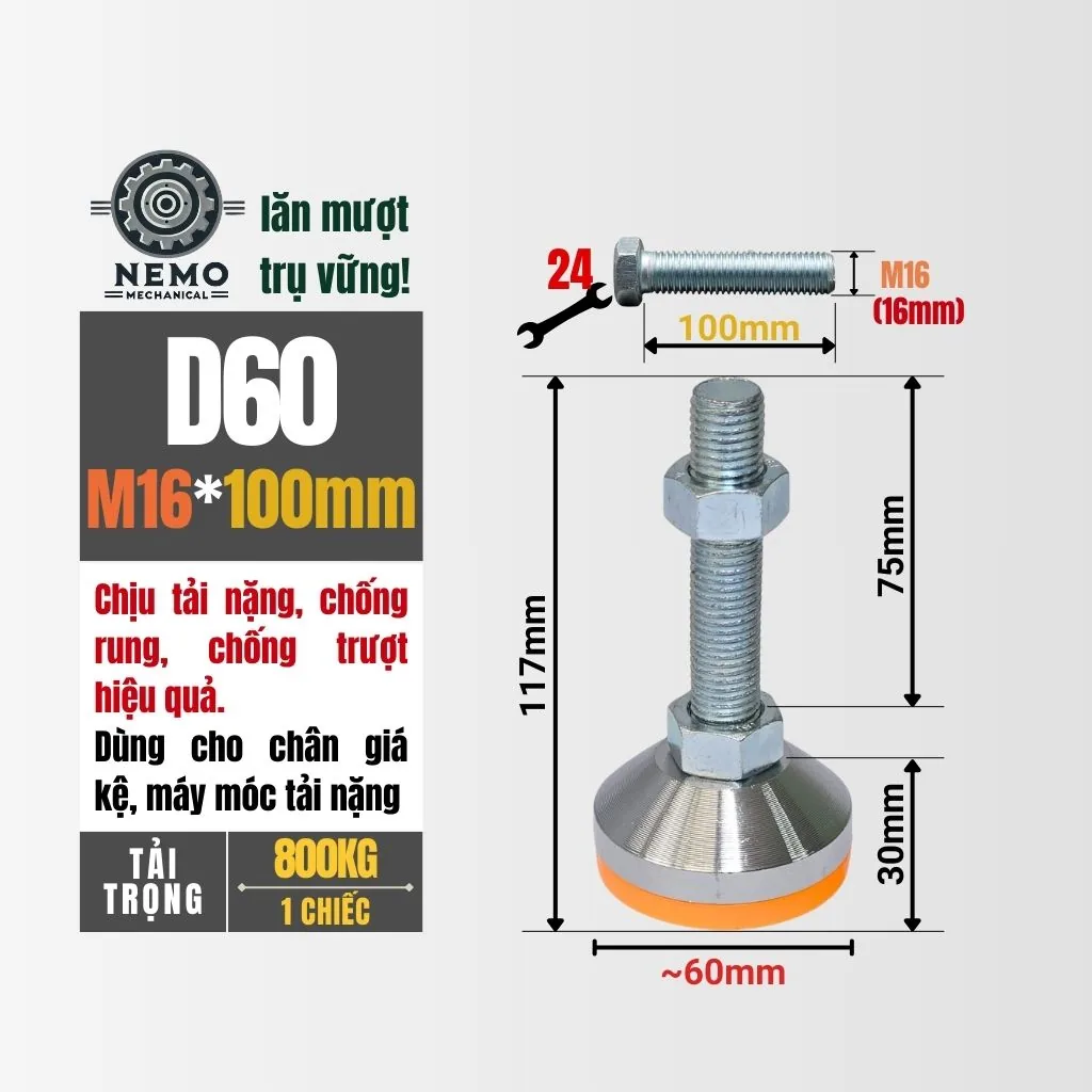 Chân Tăng Chỉnh Chịu Tải Siêu Nặng (Bát Thép Mạ Crom, M16/M20) chan tang chinh chiu tai sieu nang d60m16l100 - Cơ Khí Nemo