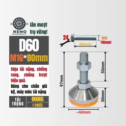 Chân Tăng Chỉnh Chịu Tải Siêu Nặng (Bát Thép Mạ Crom, M16/M20) chan tang chinh chiu tai sieu nang d60m16l80 - Cơ Khí Nemo