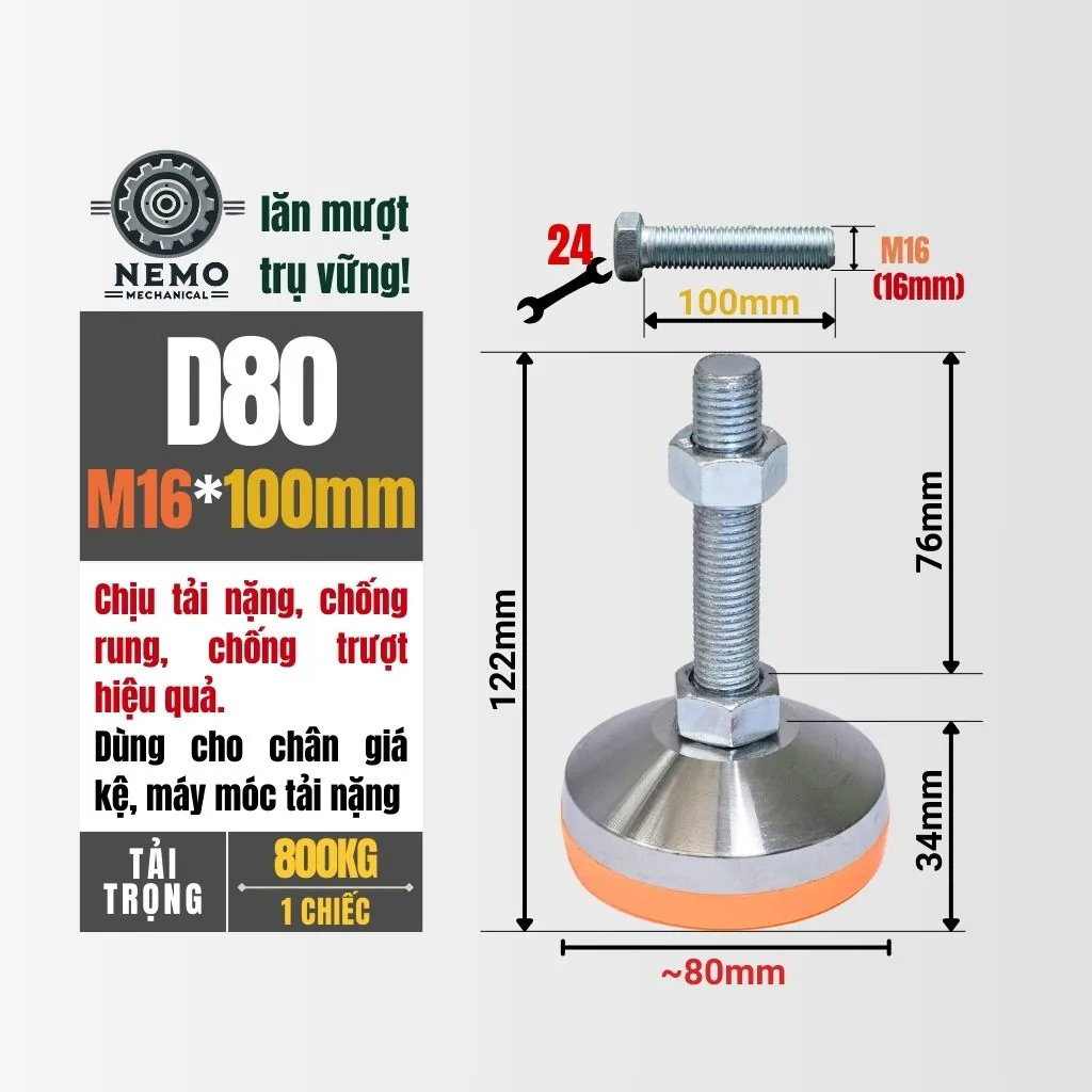 Chân Tăng Chỉnh Chịu Tải Siêu Nặng (Bát Thép Mạ Crom, M16/M20) chan tang chinh chiu tai sieu nang d80m16l100 - Cơ Khí Nemo