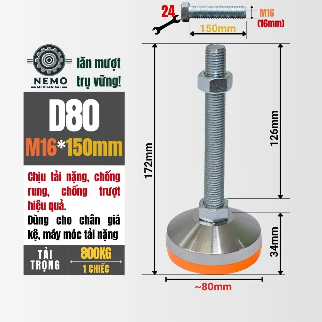 Chân Tăng Chỉnh Chịu Tải Siêu Nặng (Bát Thép Mạ Crom, M16/M20) chan tang chinh chiu tai sieu nang d80m16l150 - Cơ Khí Nemo