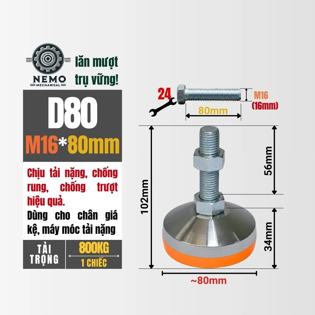 Chân Tăng Chỉnh Chịu Tải Siêu Nặng (Bát Thép Mạ Crom, M16/M20) chan tang chinh chiu tai sieu nang d80m16l80 - Cơ Khí Nemo