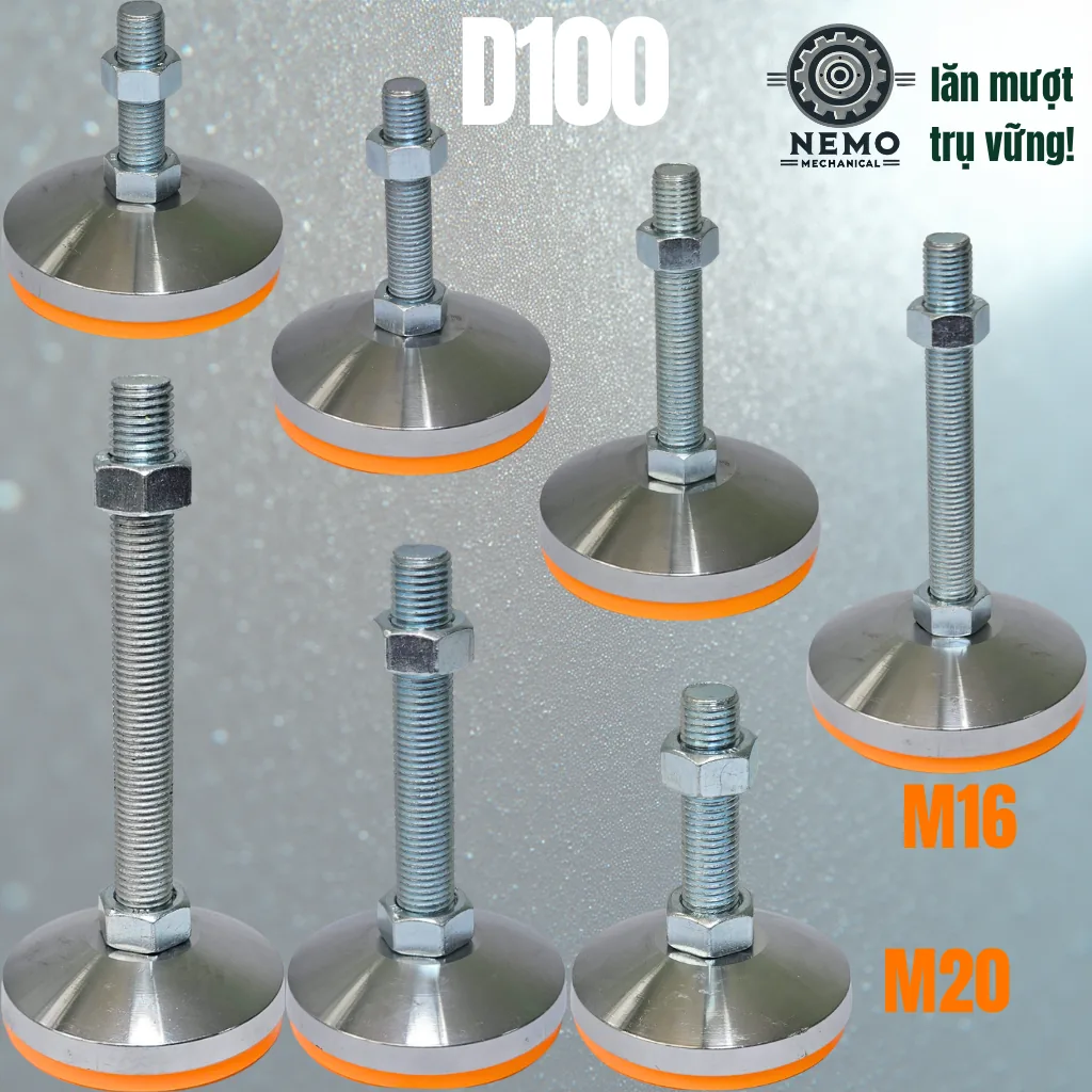 Chân Tăng Chỉnh Chịu Tải Siêu Nặng (Bát Thép Mạ Crom, M16/M20) chan tang chiu tai sieu nang d100 - Cơ Khí Nemo