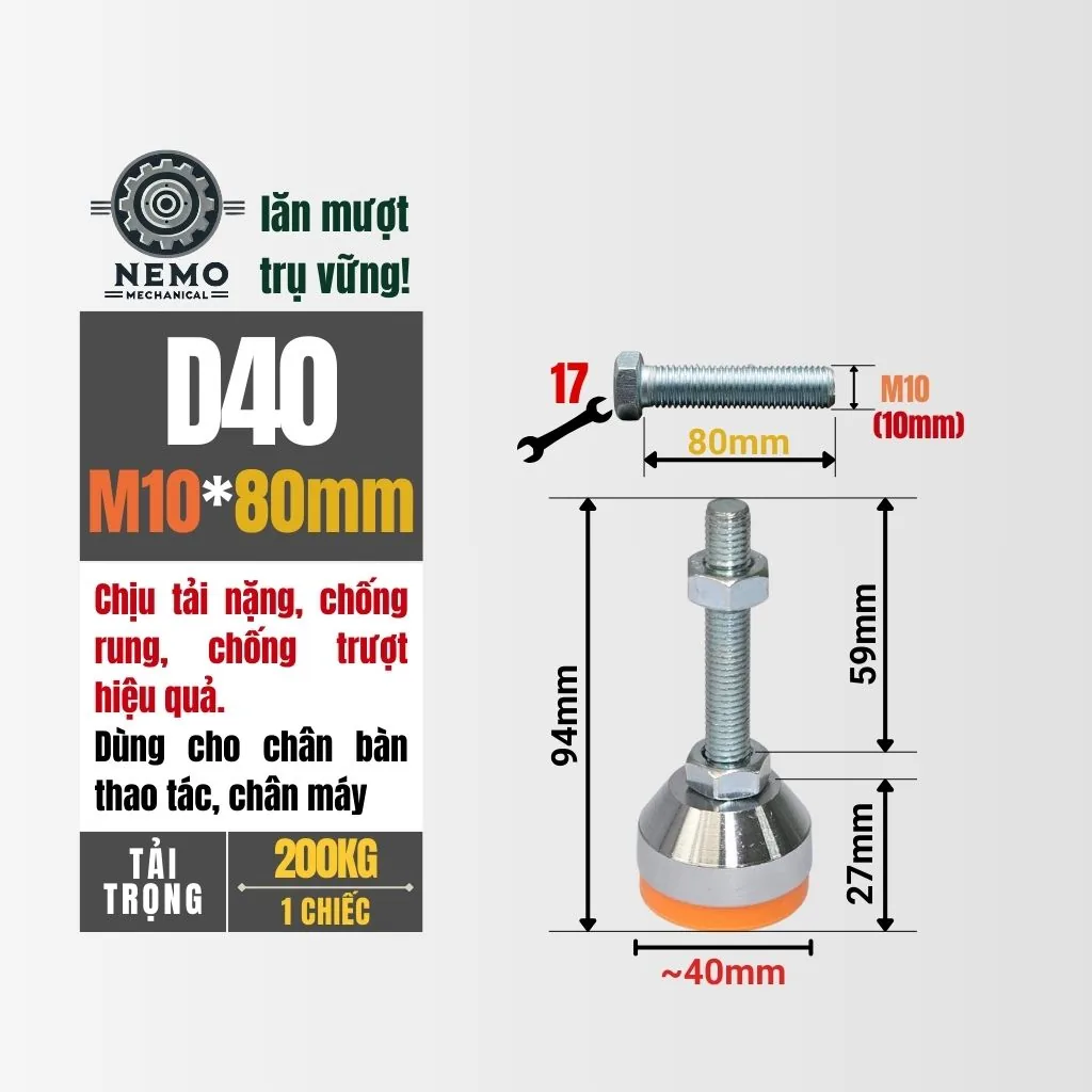 Chân Tăng Chỉnh Chịu Tải Nặng - Bát Thép Mạ Crom (M10, M12) chan tang chinh chiu tai nang d40m10l80 - Cơ Khí Nemo