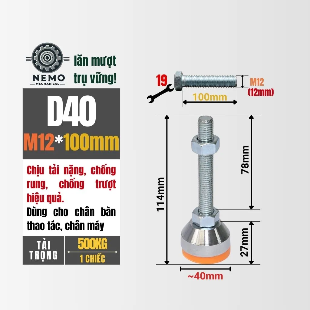 Chân Tăng Chỉnh Chịu Tải Nặng - Bát Thép Mạ Crom (M10, M12) chan tang chinh chiu tai nang d40m12l100 - Cơ Khí Nemo