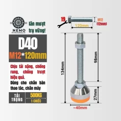 Chân Tăng Chỉnh Chịu Tải Nặng - Bát Thép Mạ Crom (M10, M12) chan tang chinh chiu tai nang d40m12l120 - Cơ Khí Nemo