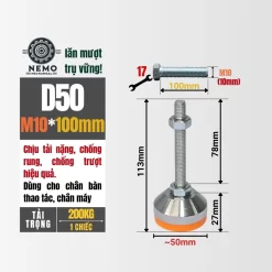 Chân Tăng Chỉnh Chịu Tải Nặng - Bát Thép Mạ Crom (M10, M12) chan tang chinh chiu tai nang d50m10l100 - Cơ Khí Nemo
