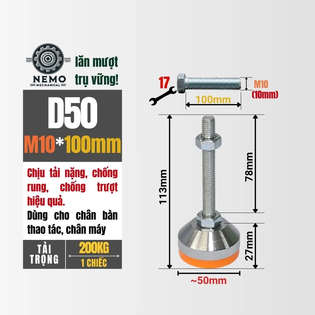 Chân Tăng Chỉnh Chịu Tải Nặng - Bát Thép Mạ Crom (M10, M12) chan tang chinh chiu tai nang d50m10l100 - Cơ Khí Nemo