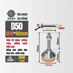 Chân Tăng Chỉnh Chịu Tải Nặng - Bát Thép Mạ Crom (M10, M12) chan tang chinh chiu tai nang d50m10l80 - Cơ Khí Nemo