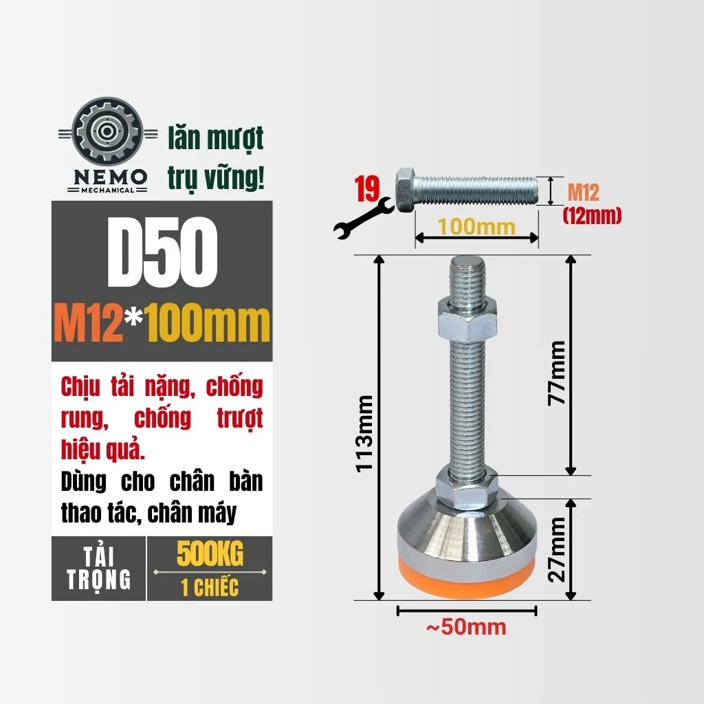 Chân Tăng Chỉnh Chịu Tải Nặng - Bát Thép Mạ Crom (M10, M12) chan tang chinh chiu tai nang d50m12l100 - Cơ Khí Nemo