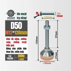 Chân Tăng Chỉnh Chịu Tải Nặng - Bát Thép Mạ Crom (M10, M12) chan tang chinh chiu tai nang d50m12l120 - Cơ Khí Nemo