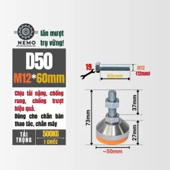 Chân Tăng Chỉnh Chịu Tải Nặng - Bát Thép Mạ Crom (M10, M12) chan tang chinh chiu tai nang d50m12l60 - Cơ Khí Nemo