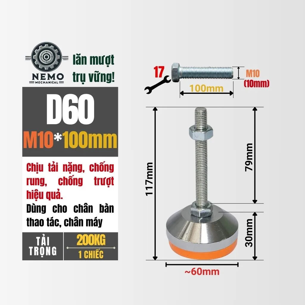 Chân Tăng Chỉnh Chịu Tải Nặng - Bát Thép Mạ Crom (M10, M12) chan tang chinh chiu tai nang d60m10l100 - Cơ Khí Nemo