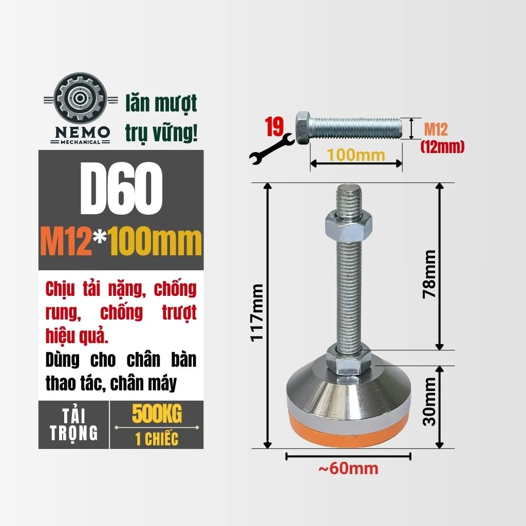 Chân Tăng Chỉnh Chịu Tải Nặng - Bát Thép Mạ Crom (M10, M12) chan tang chinh chiu tai nang d60m12l100 - Cơ Khí Nemo