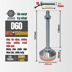 Chân Tăng Chỉnh Chịu Tải Nặng - Bát Thép Mạ Crom (M10, M12) chan tang chinh chiu tai nang d60m12l150 - Cơ Khí Nemo