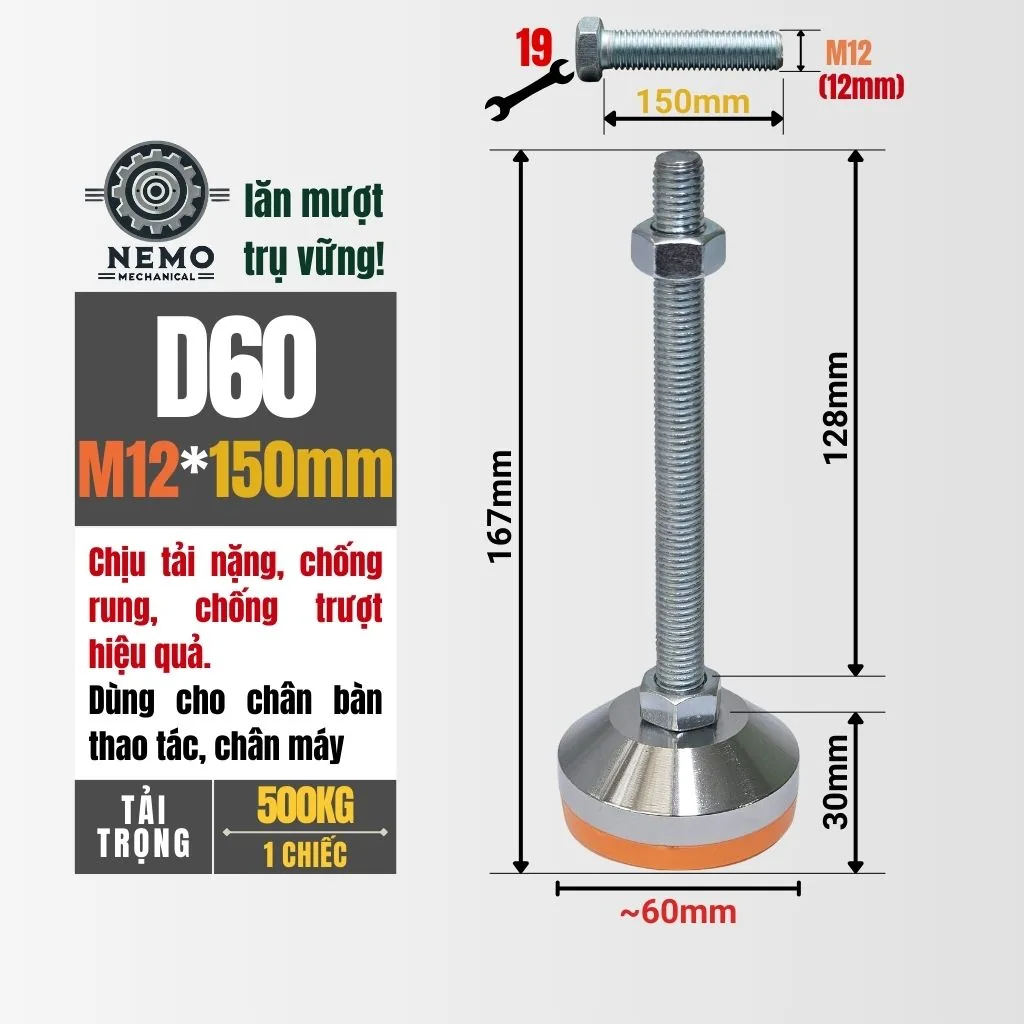 Chân Tăng Chỉnh Chịu Tải Nặng - Bát Thép Mạ Crom (M10, M12) chan tang chinh chiu tai nang d60m12l150 - Cơ Khí Nemo