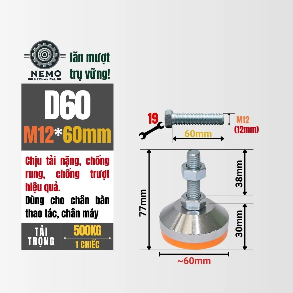 Chân Tăng Chỉnh Chịu Tải Nặng - Bát Thép Mạ Crom (M10, M12) chan tang chinh chiu tai nang d60m12l60 - Cơ Khí Nemo