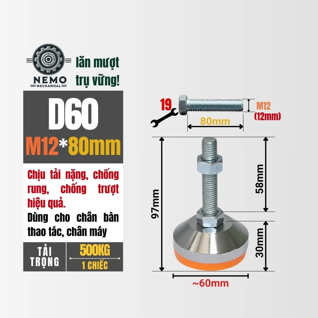 Chân Tăng Chỉnh Chịu Tải Nặng - Bát Thép Mạ Crom (M10, M12) chan tang chinh chiu tai nang d60m12l80 - Cơ Khí Nemo