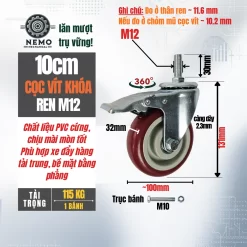 Bánh xe PVC đỏ mận cọc vít banh xe do man coc vit khoa 10cm - Cơ Khí Nemo