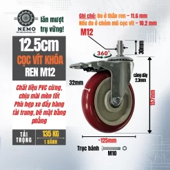 Bánh xe PVC đỏ mận cọc vít banh xe do man coc vit khoa 12.5cm - Cơ Khí Nemo