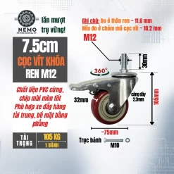 Bánh xe PVC đỏ mận cọc vít banh xe do man coc vit khoa 7.5cm - Cơ Khí Nemo