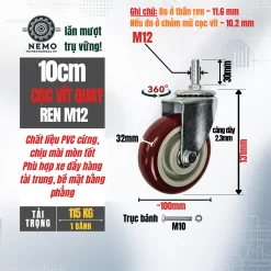 Bánh xe PVC đỏ mận cọc vít banh xe do man coc vit quay 10cm - Cơ Khí Nemo