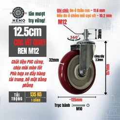 Bánh xe PVC đỏ mận cọc vít banh xe do man coc vit quay 12.5cm - Cơ Khí Nemo