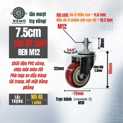 Bánh xe PVC đỏ mận cọc vít banh xe do man coc vit quay 7.5cm - Cơ Khí Nemo
