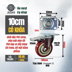 Bánh xe PVC đỏ mận mặt bích, có bạc đạn banh xe do man 10cm khoa - Cơ Khí Nemo
