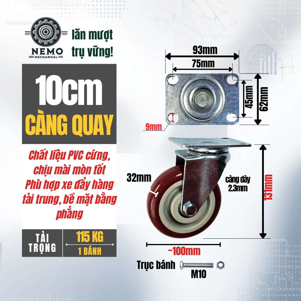 Bánh xe PVC đỏ mận mặt bích, có bạc đạn banh xe do man 10cm quay - Cơ Khí Nemo