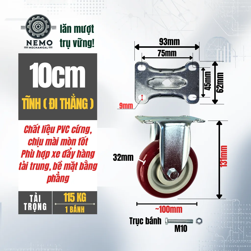 Bánh xe PVC đỏ mận mặt bích, có bạc đạn banh xe do man 10cm tinh - Cơ Khí Nemo