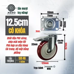Bánh xe PVC đỏ mận mặt bích, có bạc đạn banh xe do man 12.5cm khoa - Cơ Khí Nemo