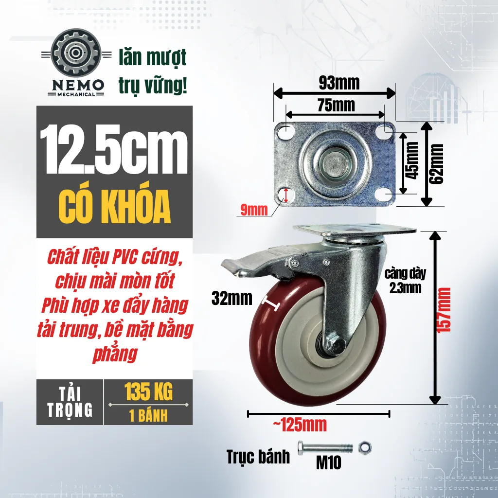 Bánh xe PVC đỏ mận mặt bích, có bạc đạn banh xe do man 12.5cm khoa - Cơ Khí Nemo