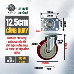 Bánh xe PVC đỏ mận mặt bích, có bạc đạn banh xe do man 12.5cm quay - Cơ Khí Nemo