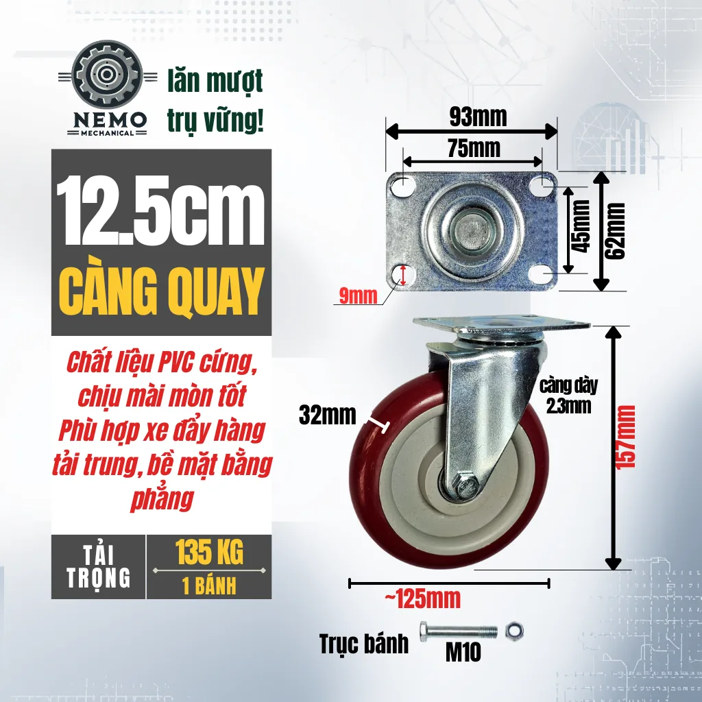 Bánh xe PVC đỏ mận mặt bích, có bạc đạn banh xe do man 12.5cm quay - Cơ Khí Nemo