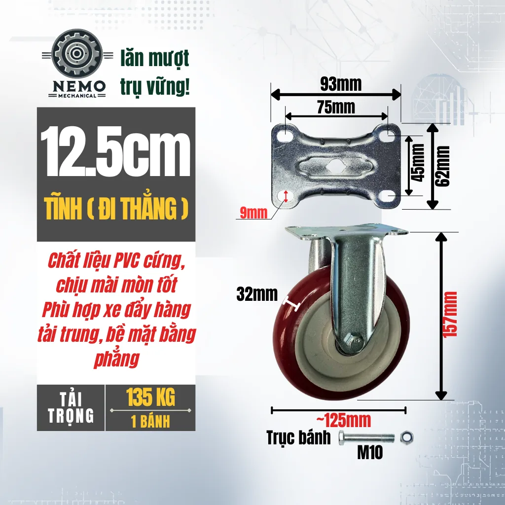 Bánh xe PVC đỏ mận mặt bích, có bạc đạn banh xe do man 12.5cm tinh - Cơ Khí Nemo