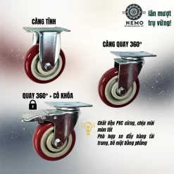 Bánh xe PVC đỏ mận mặt bích, có bạc đạn banh xe do man - Cơ Khí Nemo (chi tiết 2)