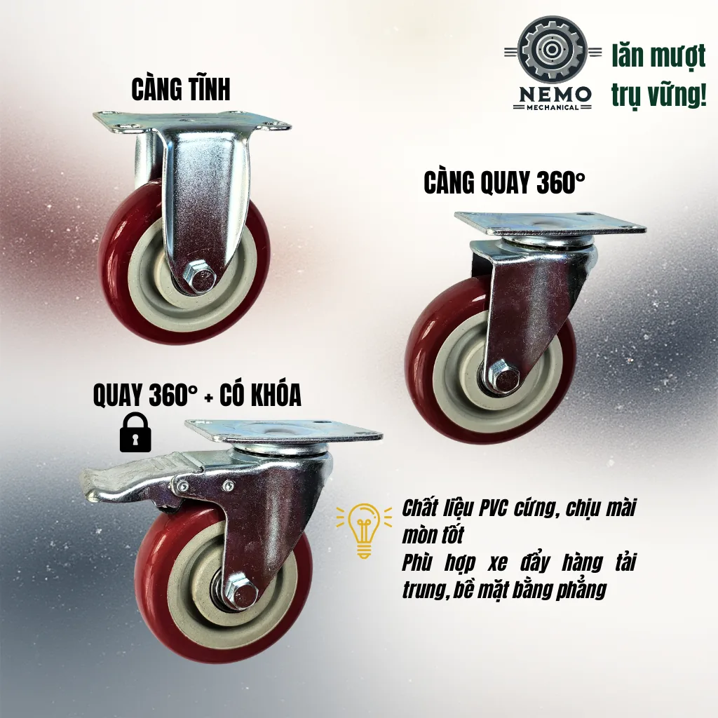 Bánh xe PVC đỏ mận mặt bích, có bạc đạn banh xe do man - Cơ Khí Nemo (chi tiết 2)