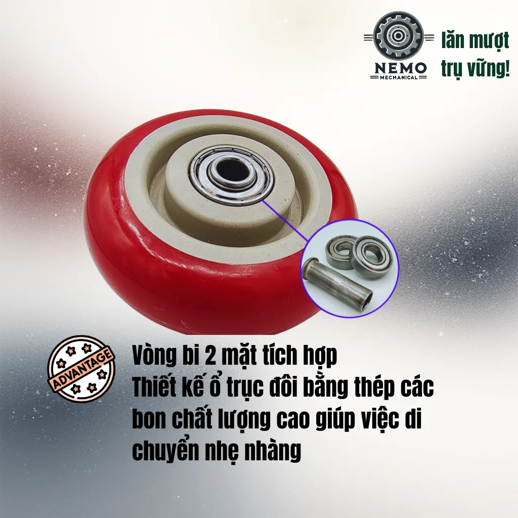 Bánh xe PVC đỏ mận mặt bích, có bạc đạn banh xe do man - Cơ Khí Nemo (chi tiết 4)