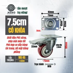 Bánh xe PVC đỏ mận mặt bích, có bạc đạn banh xe do man 7.5cm khoa - Cơ Khí Nemo