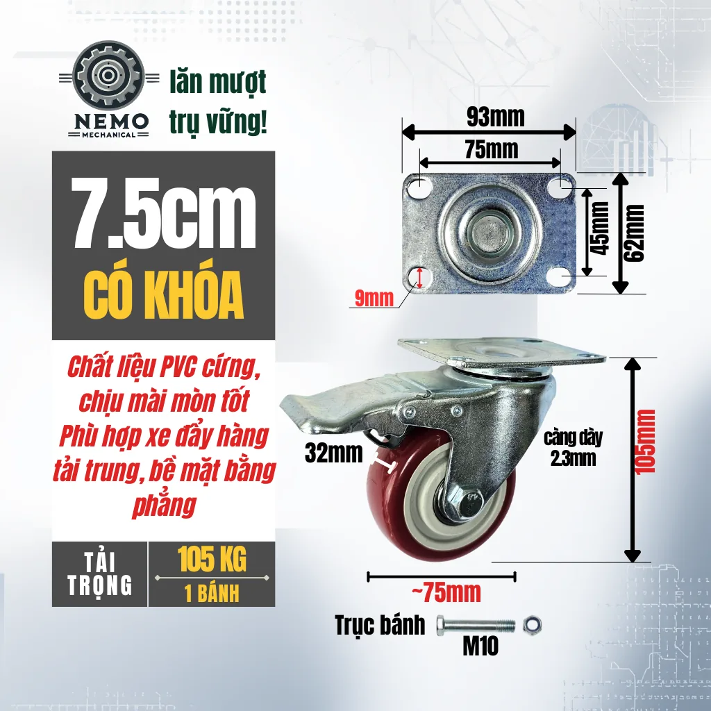 Bánh xe PVC đỏ mận mặt bích, có bạc đạn banh xe do man 7.5cm khoa - Cơ Khí Nemo