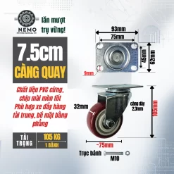 Bánh xe PVC đỏ mận mặt bích, có bạc đạn banh xe do man 7.5cm quay - Cơ Khí Nemo