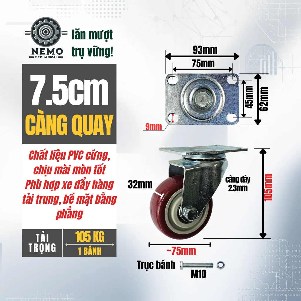 Bánh xe PVC đỏ mận mặt bích, có bạc đạn banh xe do man 7.5cm quay - Cơ Khí Nemo