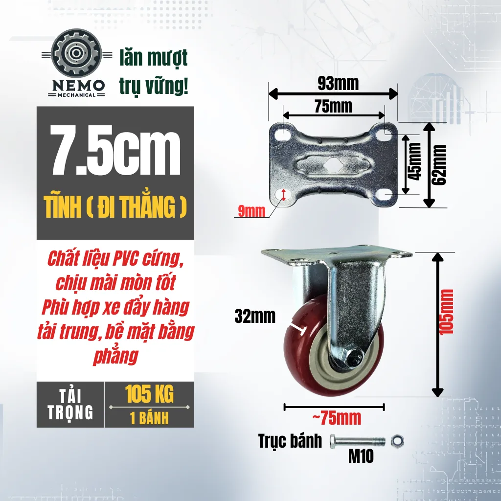 Bánh xe PVC đỏ mận mặt bích, có bạc đạn banh xe do man 7.5cm tinh - Cơ Khí Nemo